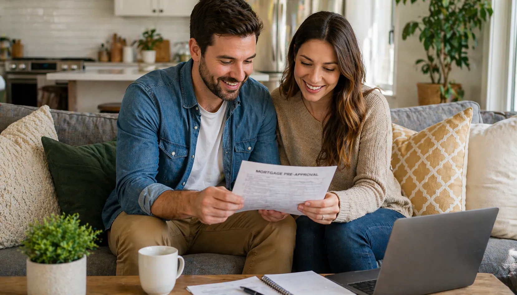 Couple reviewing mortgage pre-approval documents together